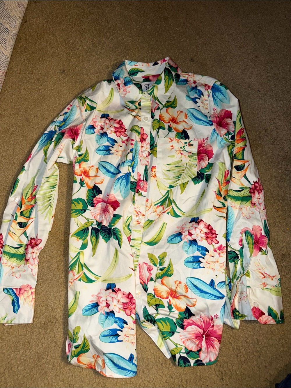 Tribal The Shirt Womens XS Tropical Floral Button Down Blouse Hibiscus Resort